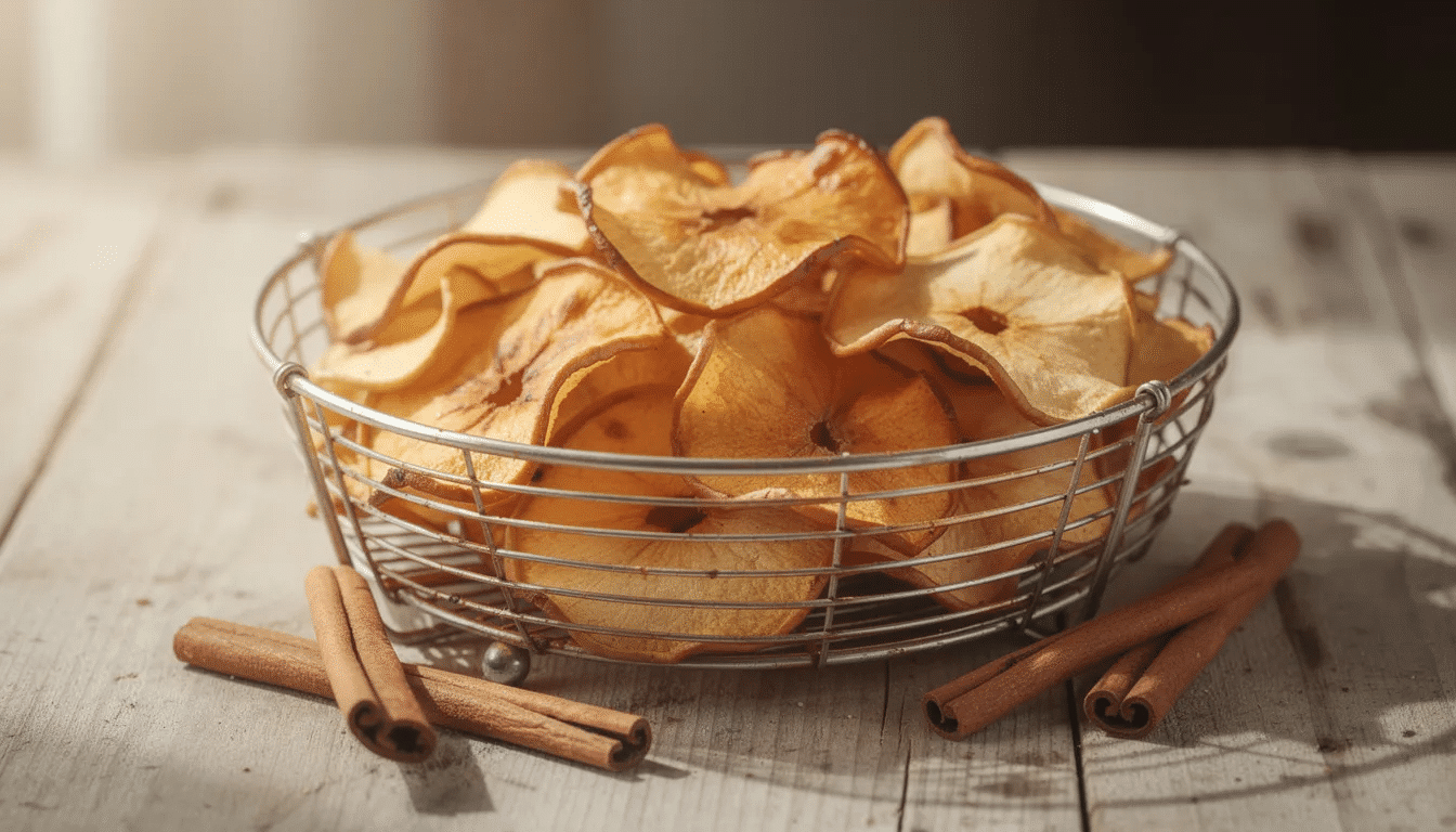 The image features golden apple chips arranged in a wire air fryer basket, with a few cinnamon sticks placed nearby. These delicious healthy snacks showcase the air frying process for dehydrating apple slices, perfect for a nutritious treat.