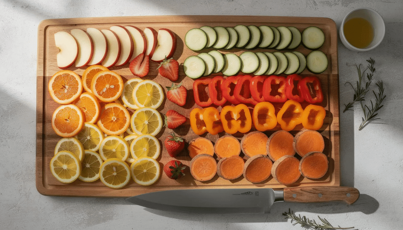An assortment of fresh sliced fruits and vegetables is beautifully arranged on a cutting board, ready for the food dehydration process. This colorful display showcases various foods that will be dried to preserve their nutritional value and extend shelf life.