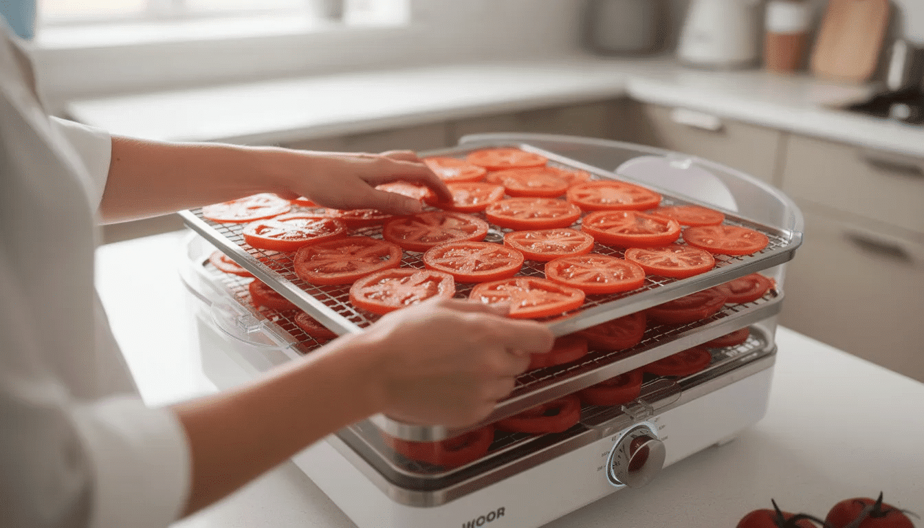 A person is carefully arranging sliced tomatoes on the trays of a food dehydrator in a bright kitchen, preparing for the dehydration process to preserve their nutritional value. The well-organized setup highlights the importance of proper air circulation and temperature settings to ensure the tomatoes dry evenly and maintain their moisture content.