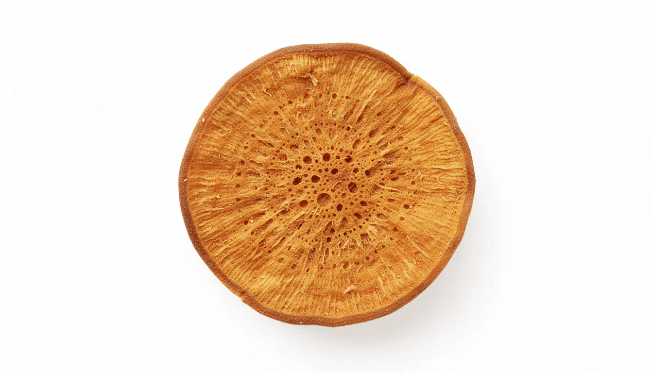 The image depicts a cross-section view of dried fruit, showcasing its even texture throughout, indicative of a successful food dehydration process. This uniformity suggests that the fruit has been properly prepared using a food dehydrator, maintaining its nutritional value while ensuring moisture levels are adequately reduced for optimal shelf life.