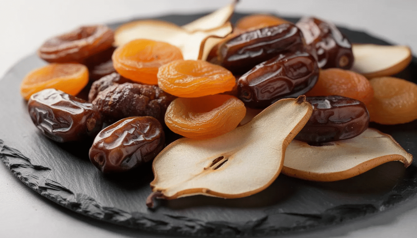 A close-up image of a dried fruit platter featuring an assortment of golden apricots, dark dates, and pale pear slices artfully arranged on a slate surface, showcasing the vibrant colors and textures of these wholesome gifts. The presentation highlights the natural sweetness of the dried fruits, making it an appealing choice for sharing with family and friends.