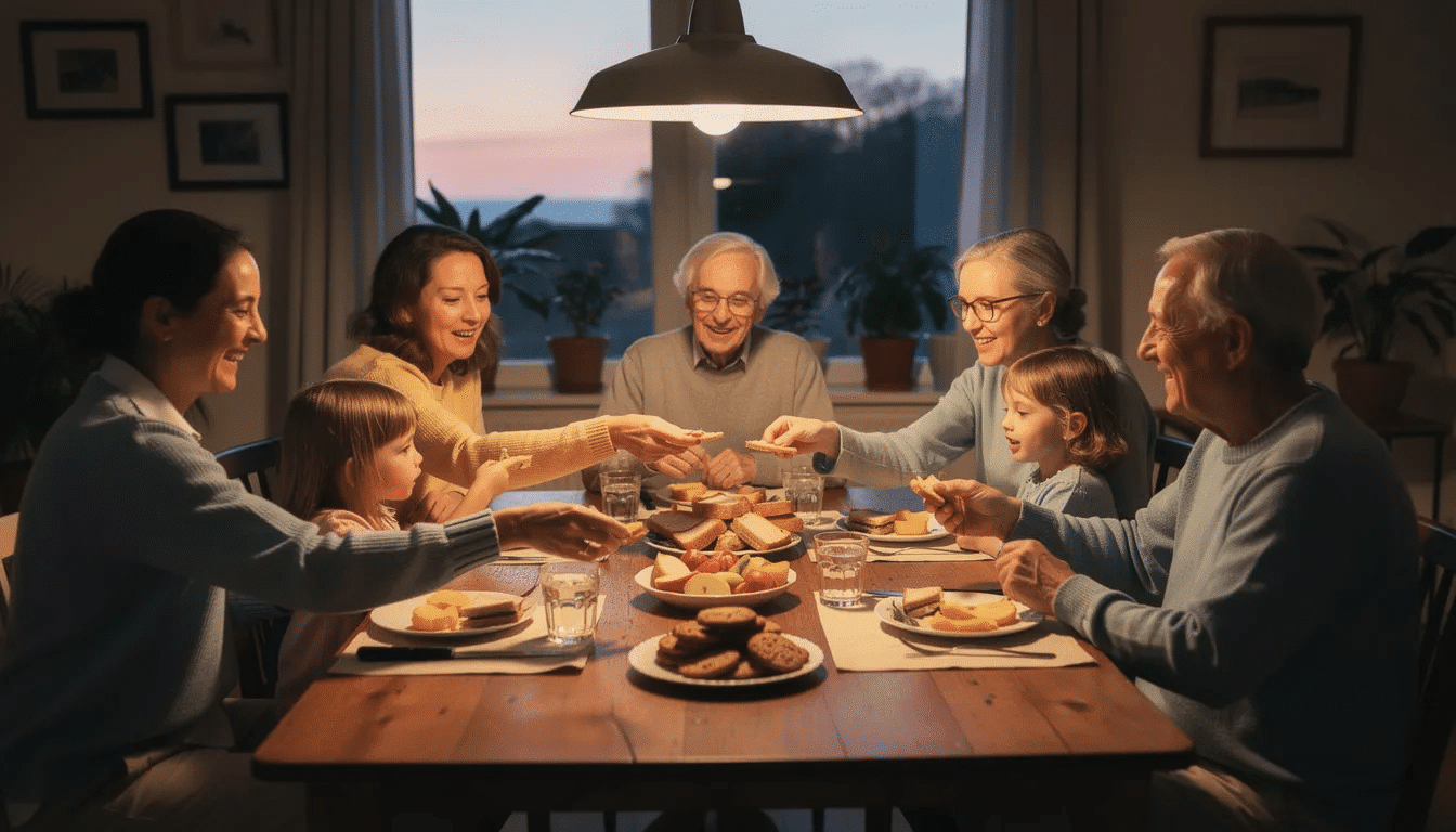 A sweet loving family is gathered around a dinner table, sharing a post dinner dessert of delicious dry fruit bites made with almonds, cashews, dates, and raisins. The atmosphere is filled with laughter and joy as they enjoy this healthy snack together, creating lasting memories.