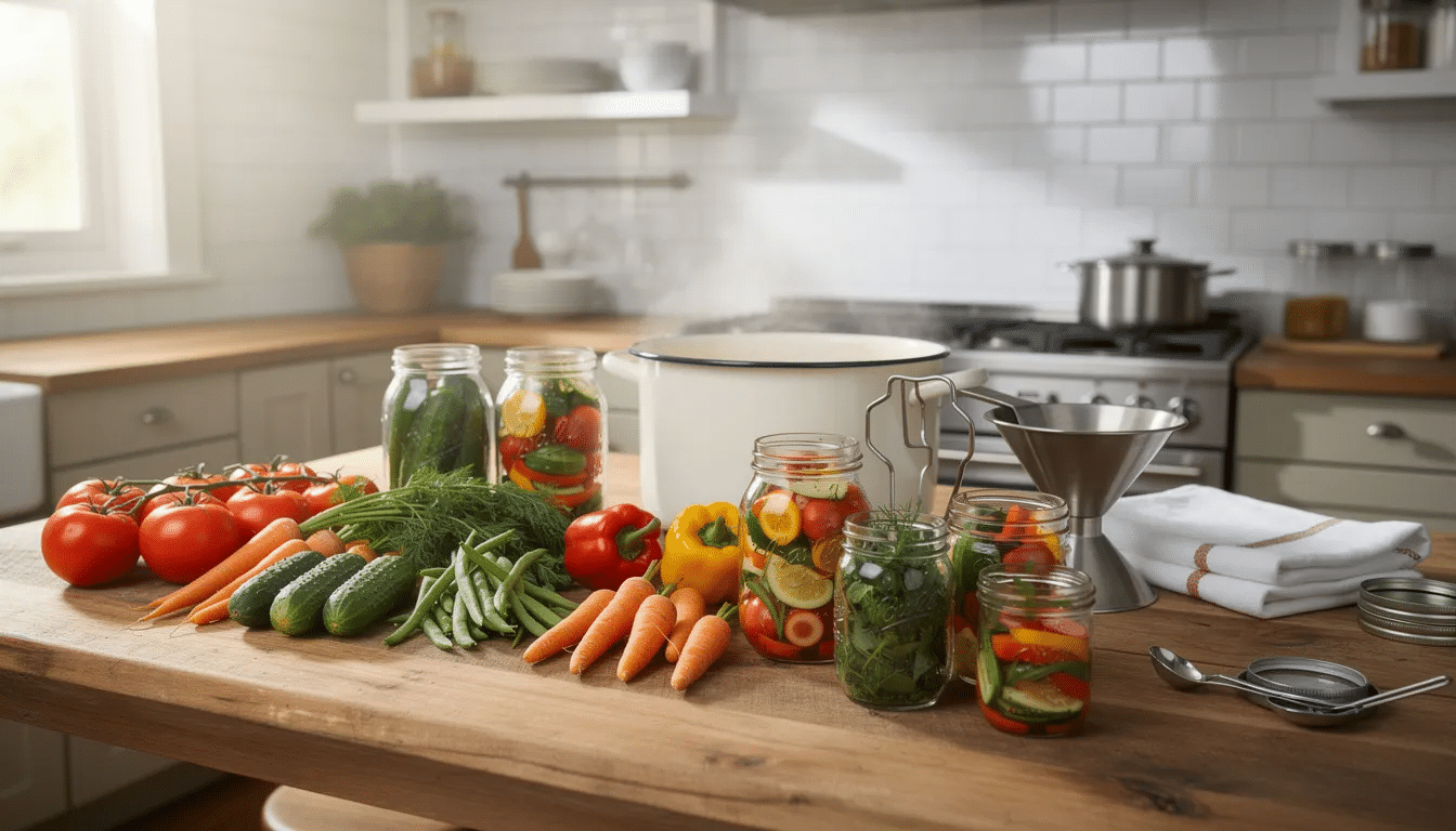 The image depicts a kitchen counter workspace set up for a canning session, featuring fresh vegetables and fruits alongside mason jars and various food preservation equipment. This arrangement highlights the process of preserving food through methods like water bath canning and pressure canning, ensuring safe food storage and extending shelf life.