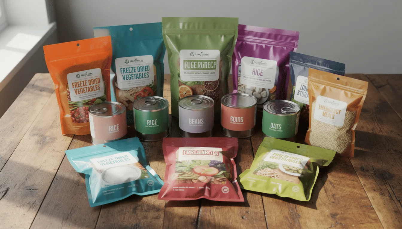 An assortment of freeze dried food pouches and metal cans, including various freeze dried meals and fruits, is neatly arranged on a wooden table, showcasing options for emergency food supply and long-term storage. This display highlights the convenience and quality of freeze dried foods for emergency preparedness and outdoor adventures.