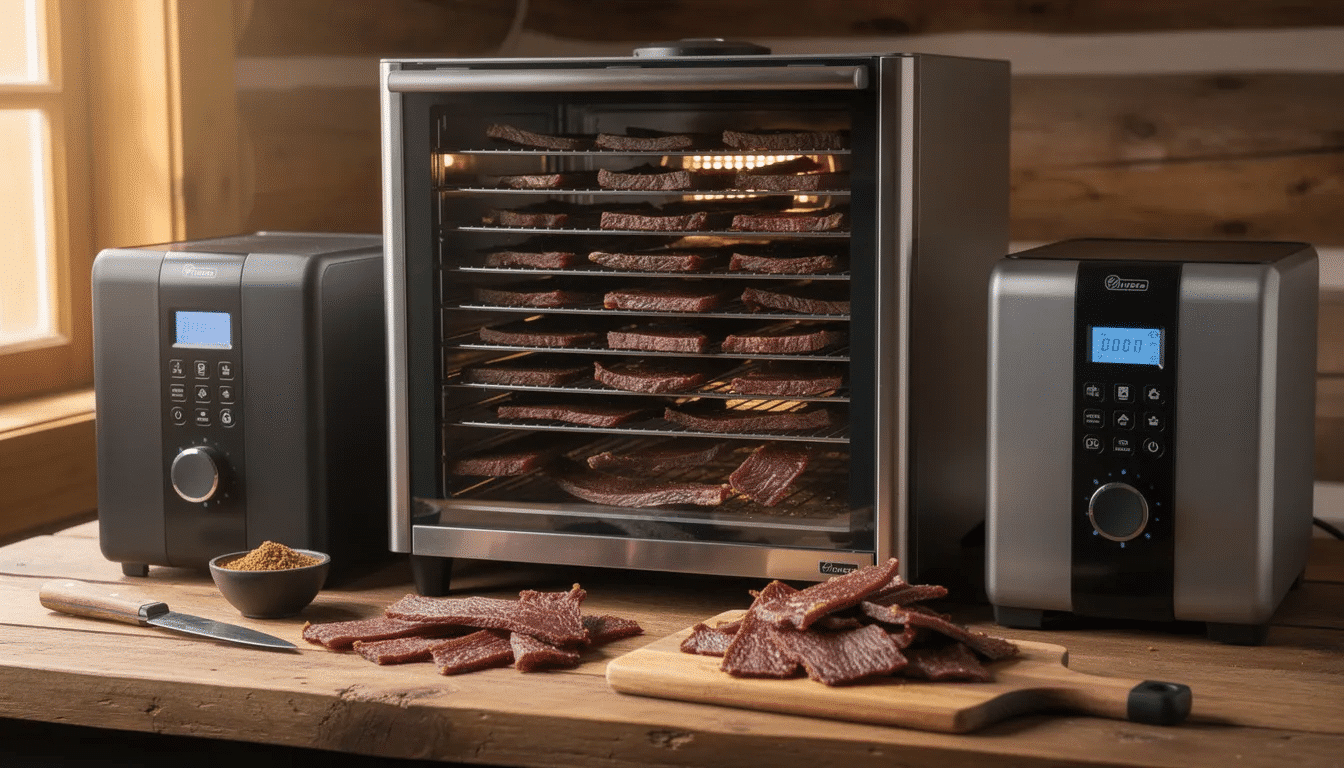 The image showcases a variety of food dehydrators ideal for making deer jerky, featuring models like the Excalibur and Snackmaster Pro. Each dehydrator is designed with multiple trays for drying ground meat or whole muscle jerky, highlighting their powerful fans and temperature controls for optimal drying results.