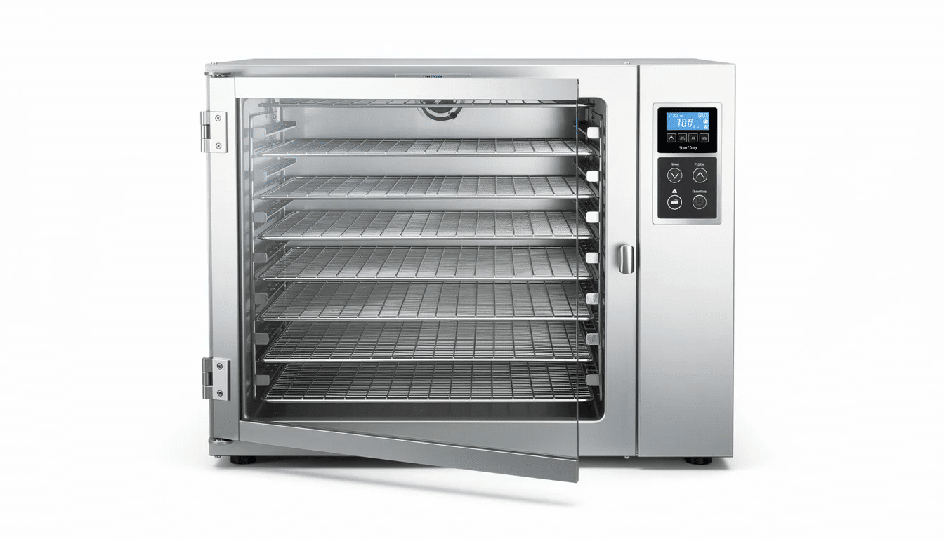 A large stainless steel commercial food dehydrator is shown, featuring multiple wire racks for even and consistent drying of various foods. It includes a digital control panel that allows for precise temperature adjustments, making it ideal for jerky making and dehydrating fruits, vegetables, and herbs.