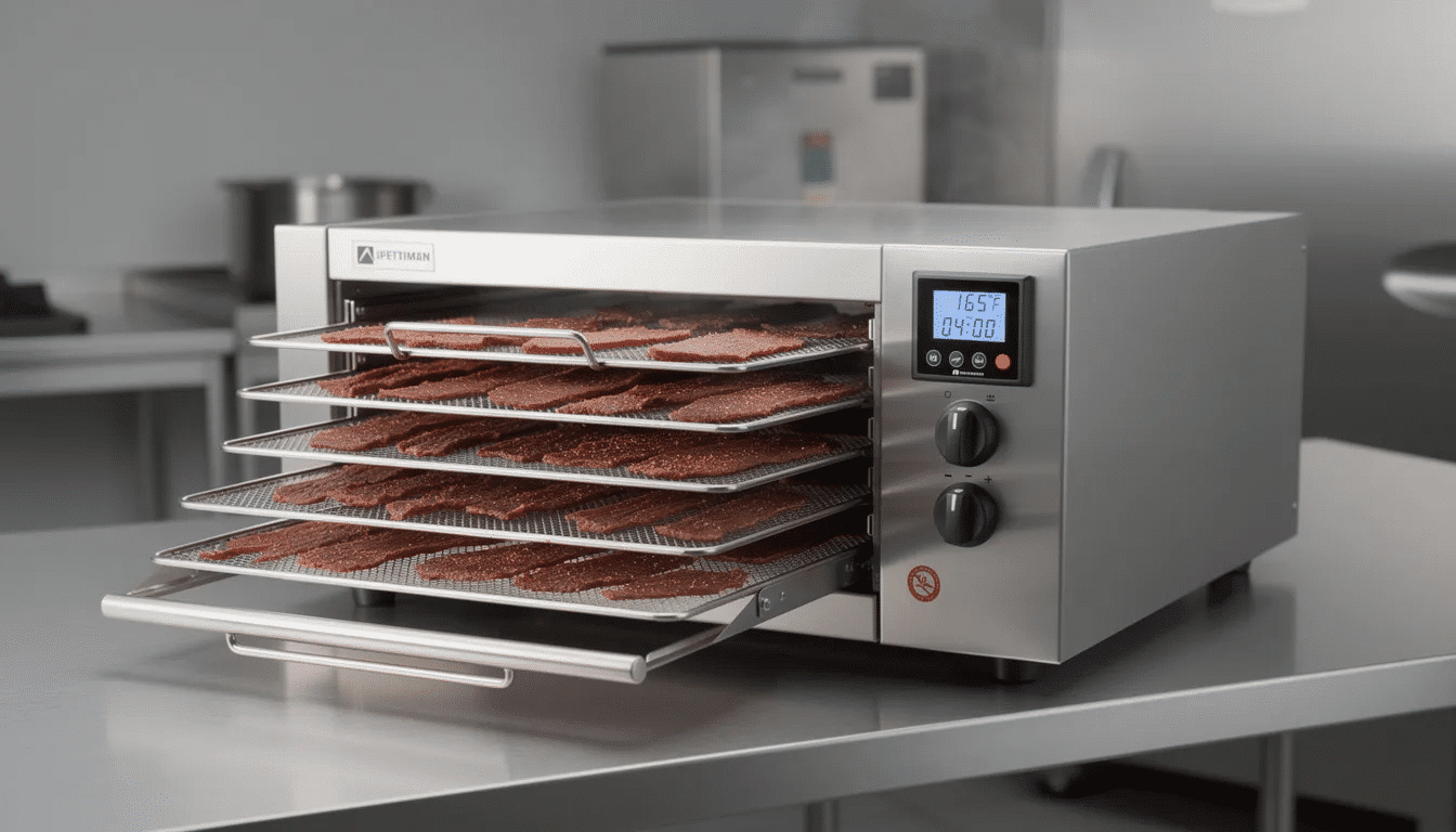 The image showcases a commercial jerky maker, a high-capacity food dehydrator designed for making beef jerky and other dried foods. It features multiple trays for even and consistent drying, a powerful rear fan, and a temperature control system to ensure optimal dehydration of thin slices of meat and vegetables.