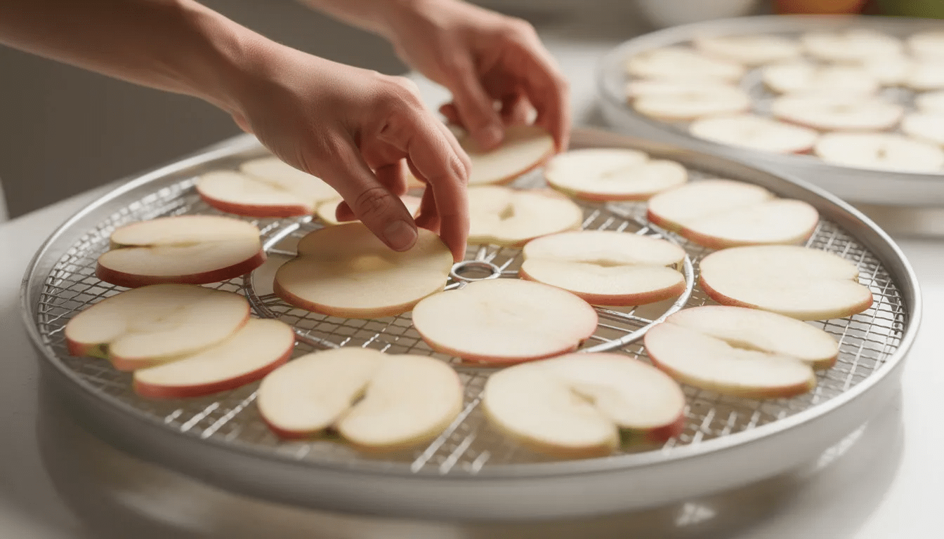 A pair of hands carefully arranges uniform apple slices in a single layer on a mesh dehydrator tray, preparing for the food dehydration process to preserve the fresh produce. This method effectively removes moisture, allowing the apples to become dried fruits with a longer shelf life while retaining their flavor and nutritional value.