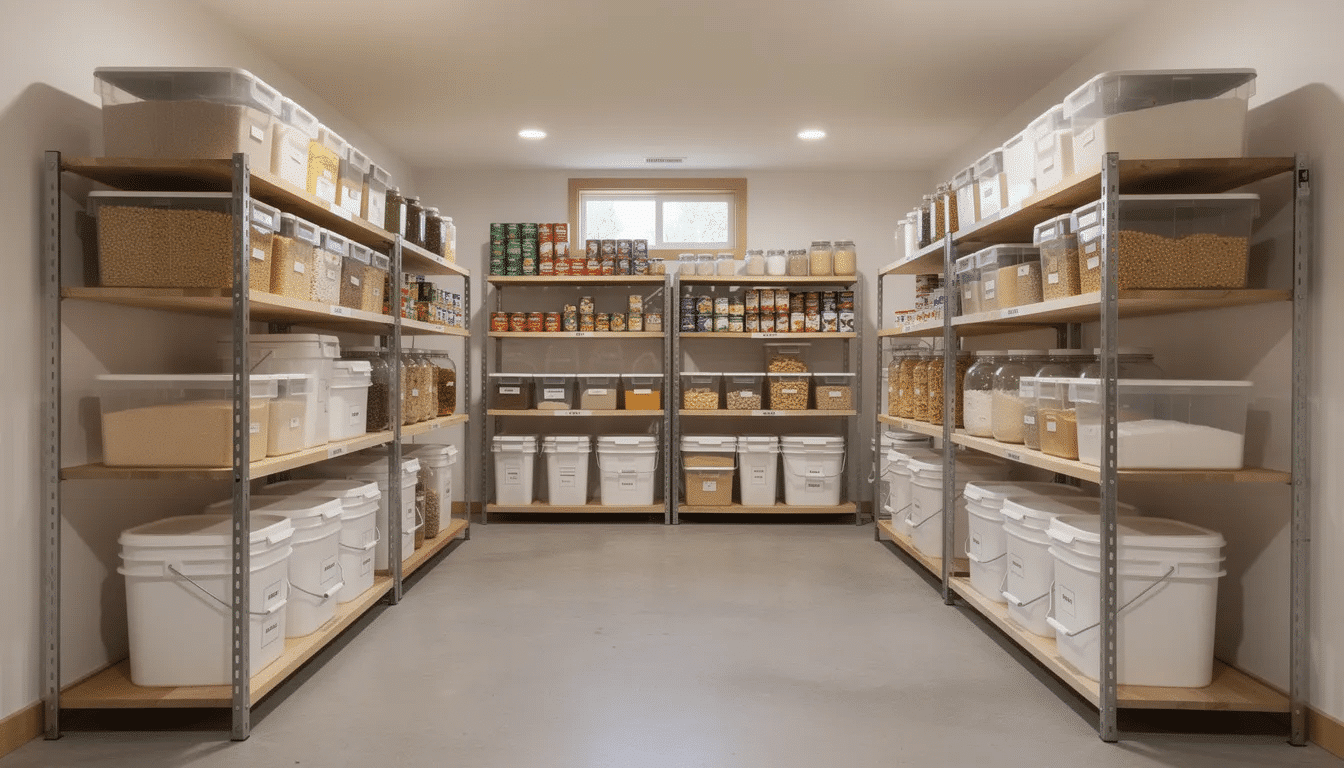 The image shows a neatly organized basement featuring shelving units filled with various food storage containers, including dried foods and freeze-dried products such as vegetables, meats, and fruits, ideal for meal preparation and camping trips. Each container is labeled, making it easy to stock and store items for convenient access.