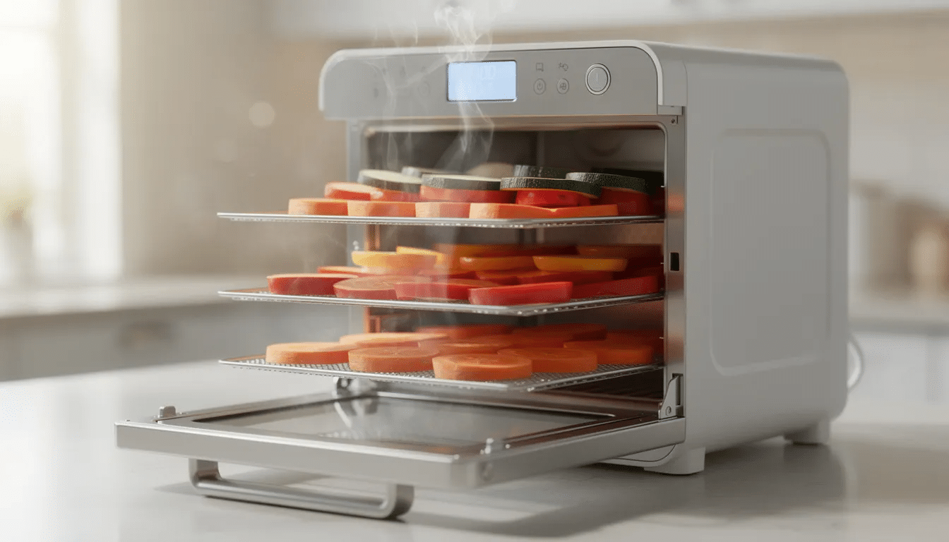A compact food dehydrator sits on a kitchen countertop, with steam rising from trays filled with colorful vegetable slices. The BPA-free mesh trays are part of the drying process, which allows for adjustable temperature control to create delicious dehydrated snacks.