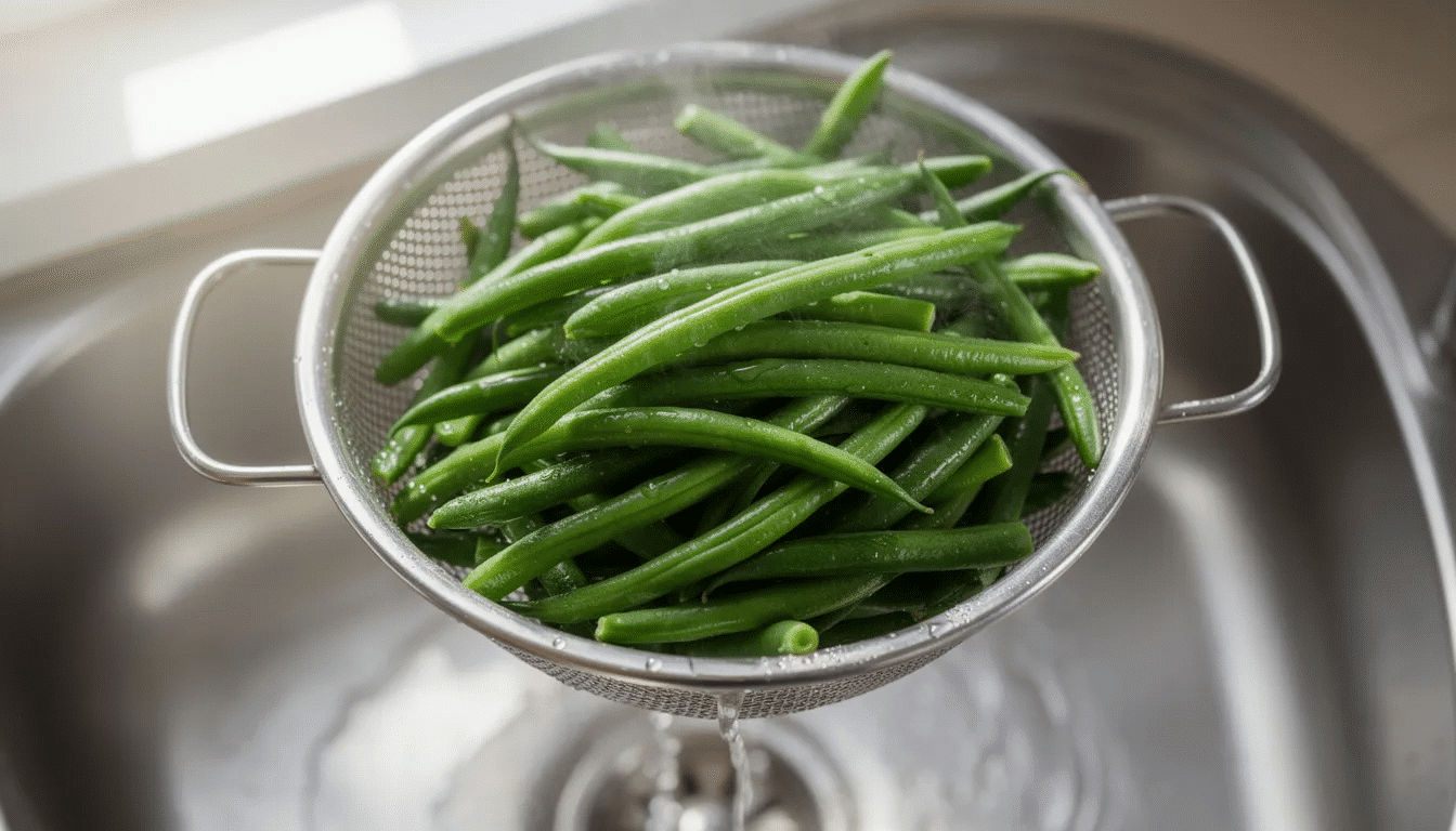 The image shows bright green blanched green beans draining in a metal colander after being cooked in boiling water. The vibrant beans are ready for the next step in the cooking process, whether to preserve fresh green beans or prepare them for freezing.