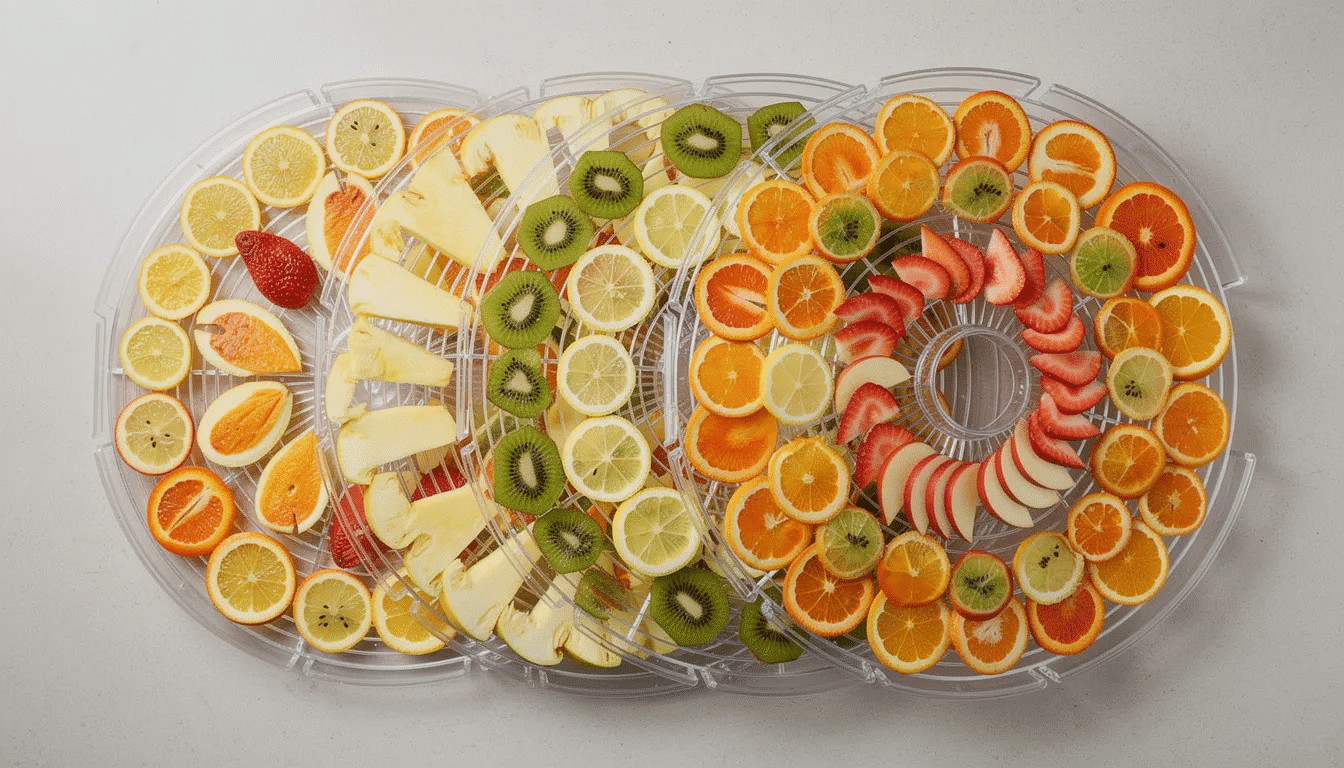A variety of colorful fruit slices, including bananas, strawberries, and apples, are neatly arranged on multiple dehydrator trays, ready for the dehydration process to create nutritious fruit powders. This visually appealing display highlights the vibrant colors of fresh fruit, showcasing the potential for delicious, powdered fruit flavors once fully dried.