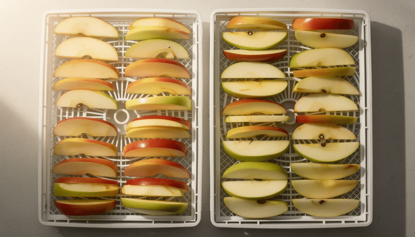 The image shows fresh sliced apples and pears neatly arranged in food grade transparent trays, ready to be placed in a food dehydrator for drying. This setup highlights the process of preserving favorite fruits by removing moisture efficiently, creating tasty dehydrated foods.