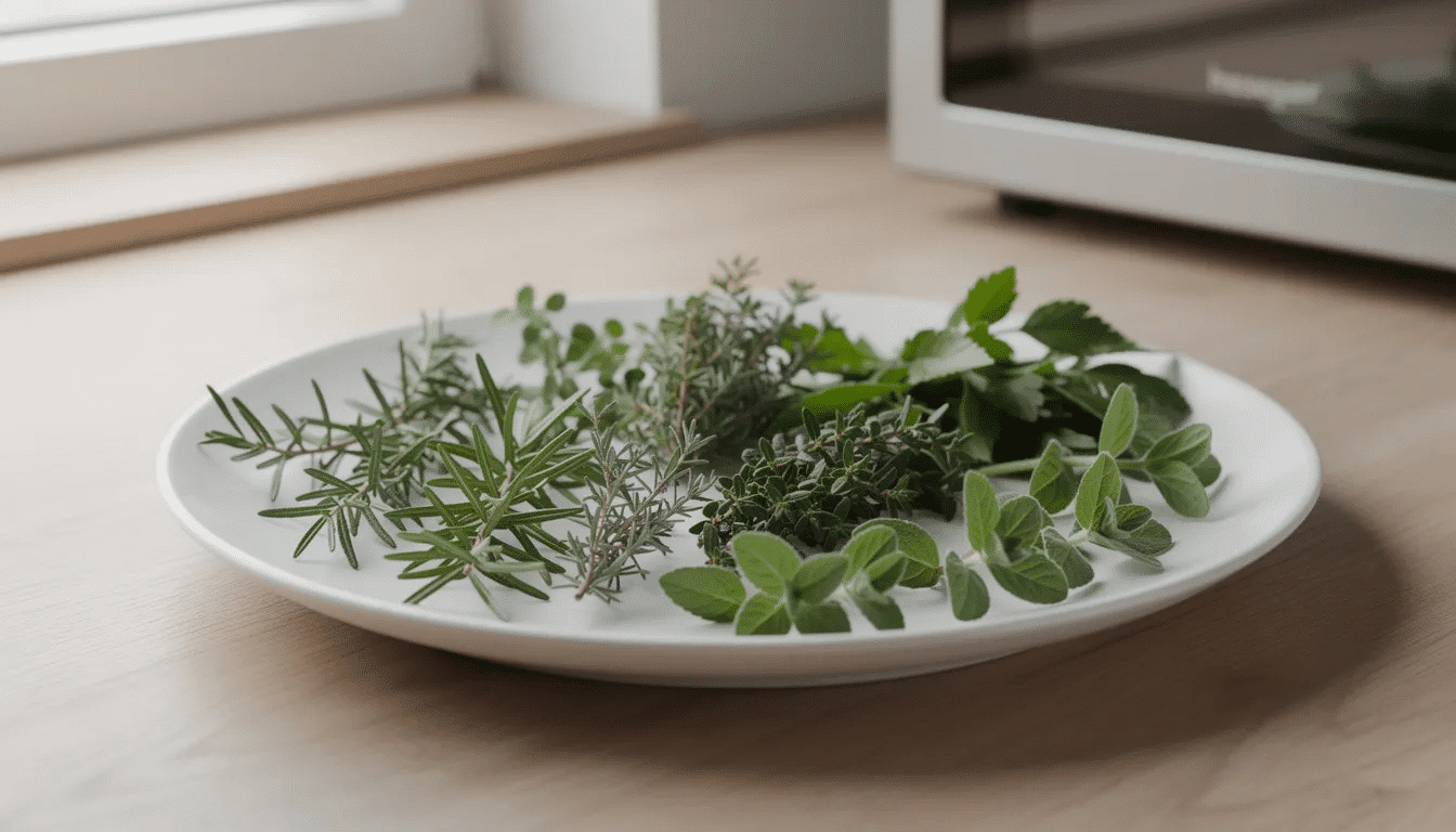 A microwave-safe plate is filled with fresh herbs, ready for the drying process. This method is a great alternative for dehydrating food, allowing you to preserve the flavors and textures of certain herbs for future use.