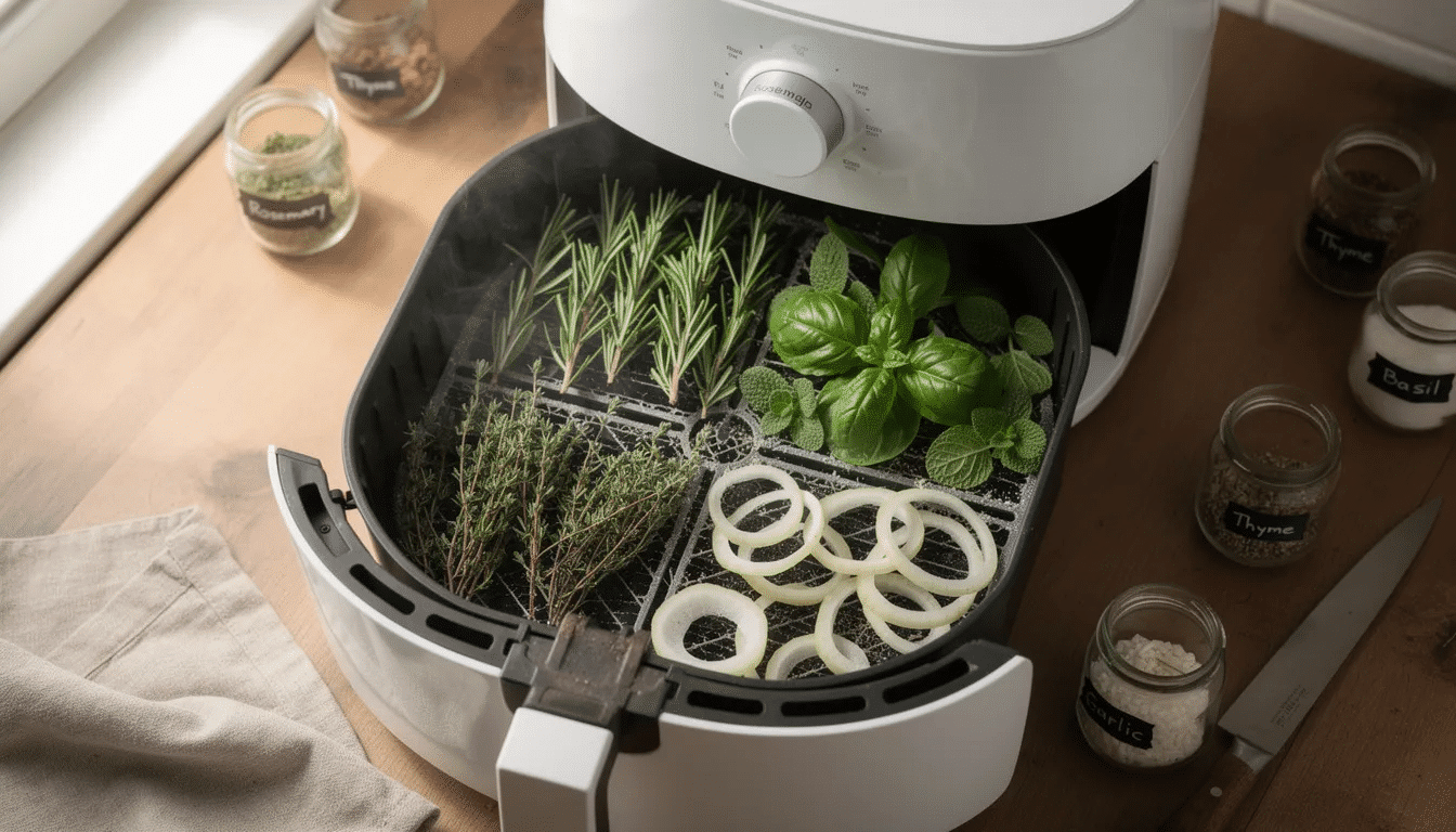 The image depicts a variety of fresh herbs and aromatics arranged in an air fryer basket, ready for the dehydration process. The air fryer is set to a low temperature, utilizing warm air to dehydrate the ingredients into delicious healthy snacks, perfect for storing in an airtight container.