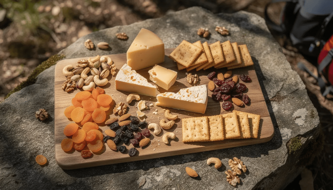 An assortment of trail snacks is spread out on a flat rock surface, featuring hard cheese, crunchy crackers, mixed nuts, and colorful dried fruit, perfect for a quick energy boost during a long hike. This delicious selection is ideal for any backpacking trip, offering a balance of savory and sweet flavors to keep you energized on the trail.