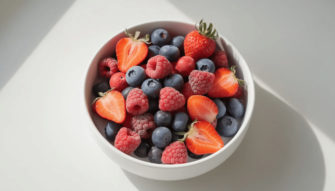 A white ceramic bowl filled with bright freeze-dried berries, including juicy strawberries and blueberries, showcasing their vibrant colors and natural sweetness. This nutritious snack is a great example of dehydrated fruit, perfect for long-term storage and adding flavor to meals.
