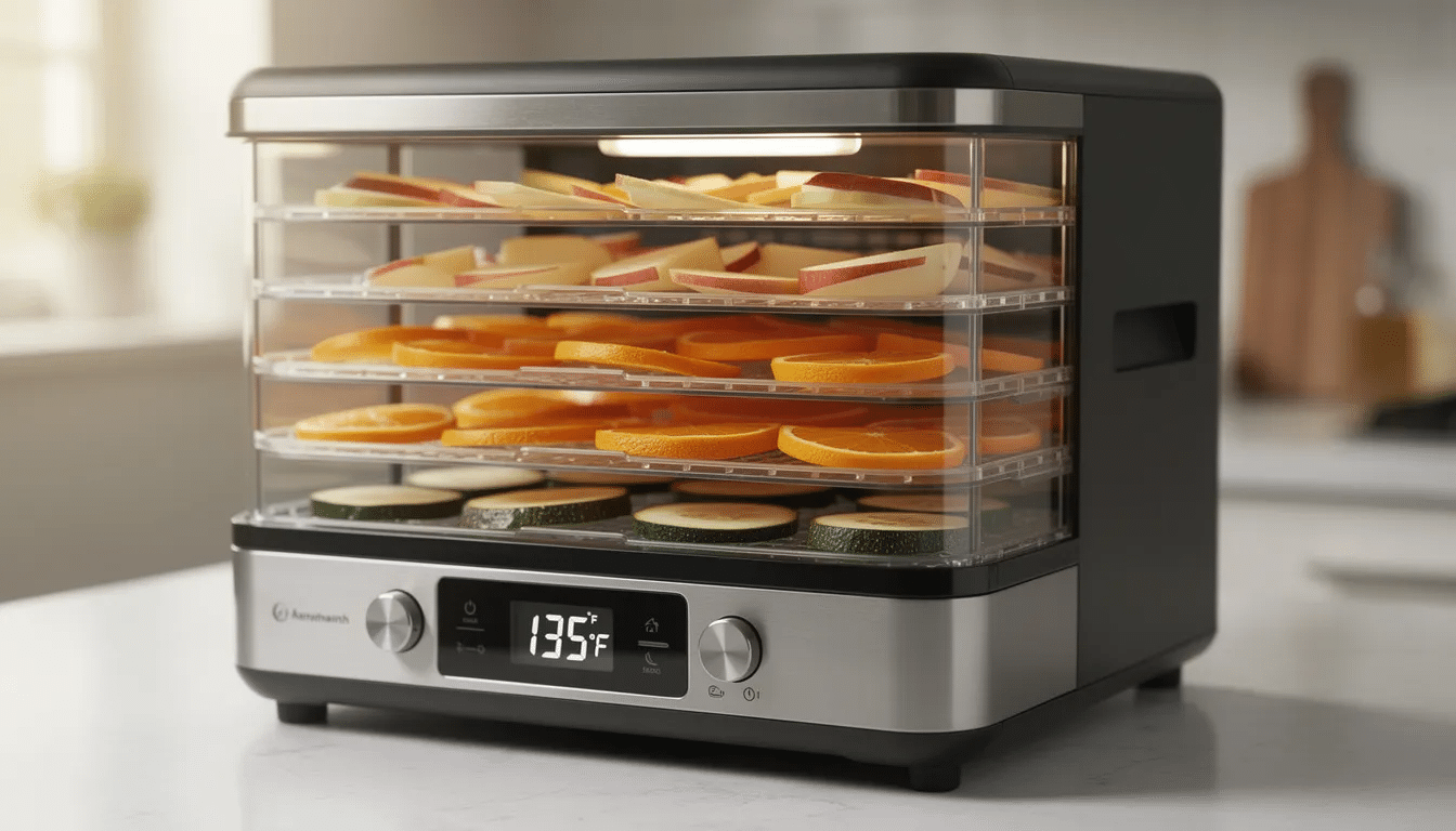 The image features a close-up of a modern food dehydrator equipped with multiple stacking trays and a digital temperature display, ideal for dehydrating fresh eggs and creating powdered eggs for long-term storage. This appliance allows users to safely dehydrate eggs, preserving them in a shelf-stable form for future use.