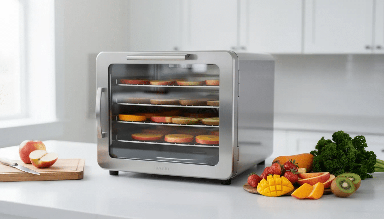 A modern stainless steel food dehydrator with a hinged glass door is placed on a clean kitchen countertop, surrounded by fresh fruits and vegetables. The stainless steel trays inside are designed for consistent drying, making it ideal for preparing homemade dried fruit, beef jerky, and trail mix nuts.