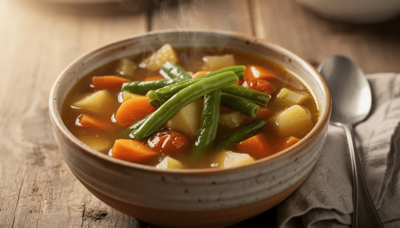 The image depicts a large bowl of hearty vegetable soup, featuring rehydrated green beans floating in a flavorful broth, surrounded by a variety of colorful vegetables. The soup showcases the perfect texture and taste of the ingredients, highlighting the process of rehydrating dried green beans for a delicious meal.
