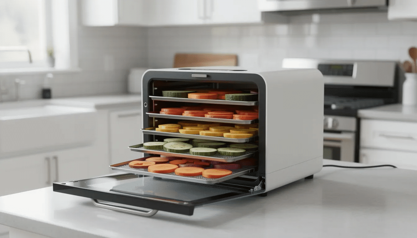 A rectangular cabinet-style food dehydrator with multiple sliding trays is prominently displayed in a home kitchen, showcasing its capability for making jerky, including options like deer jerky and ground meat jerky. The design features a powerful rear-mounted fan and temperature controls, making it ideal for the drying process of savory snacks like venison jerky.