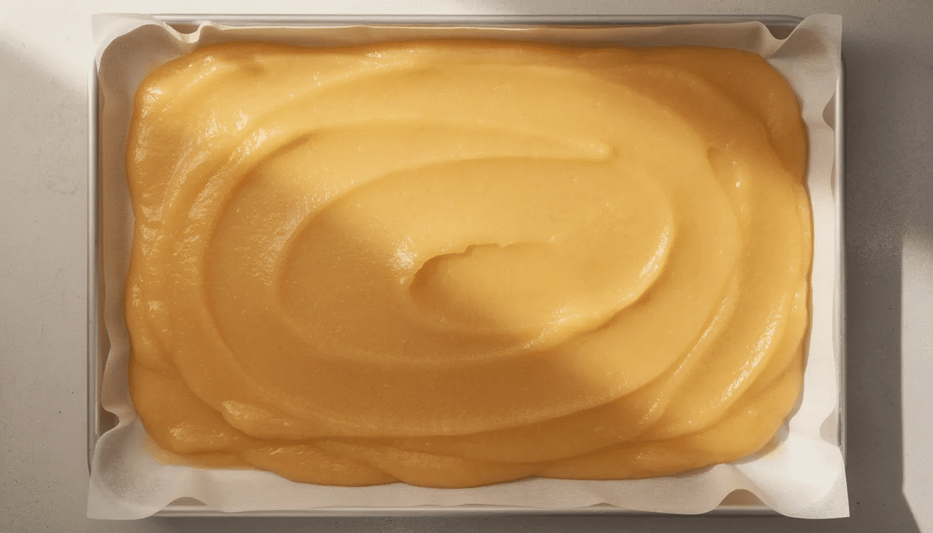 A smooth layer of apple puree is spread evenly on a parchment-lined baking sheet, ready for drying into homemade fruit leather. The mixture appears glossy and thick, showcasing the potential for delicious fruit roll-ups once fully dehydrated.