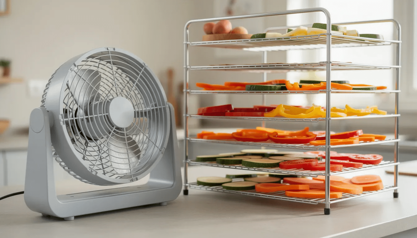 The image shows a box fan positioned next to wire racks filled with thinly sliced vegetables, which are in the process of being dehydrated. This setup is ideal for drying foods like apples and bananas, enhancing their flavor and preserving them for later use.