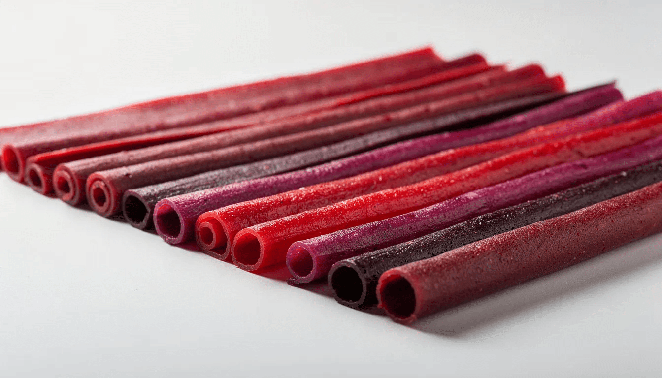 The image features vibrant strips of homemade fruit leather in various shades of red and purple, beautifully arranged on a clean white surface. These colorful fruit snacks, reminiscent of cranberry fruit and other berries, offer a visually appealing treat that is both delicious and fun to eat.