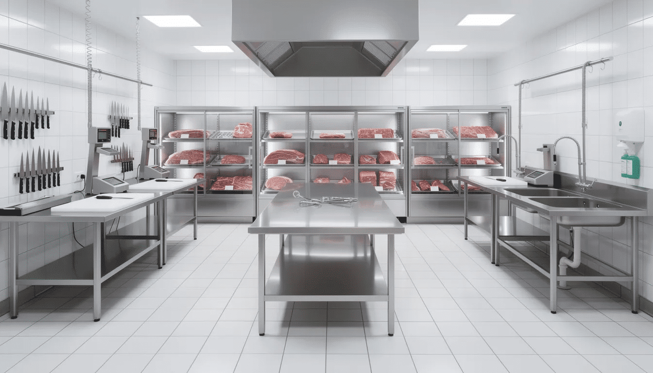 The image depicts a professional butcher shop interior featuring gleaming stainless steel equipment and meticulously clean workstations, ideal for tasks like jerky making. The organized space suggests the use of a commercial food dehydrator for creating high-quality beef jerky and other dehydrated foods.
