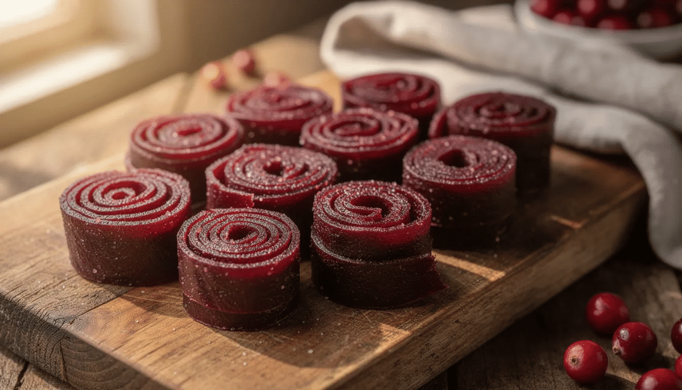 The image shows rolled strips of dark red cranberry fruit leather neatly arranged on a wooden cutting board, showcasing a delicious homemade snack made from cranberry sauce. This visually appealing presentation highlights the chewy texture and vibrant color of the fruit leather, perfect for a healthy treat.