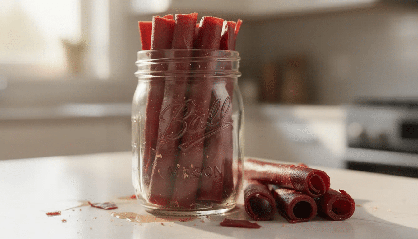 A glass mason jar is filled with rolled strips of dark red fruit leather, showcasing the homemade cranberry fruit leather made from leftover cranberry sauce. The jar sits on a kitchen counter, emphasizing its delicious and healthy snack appeal.