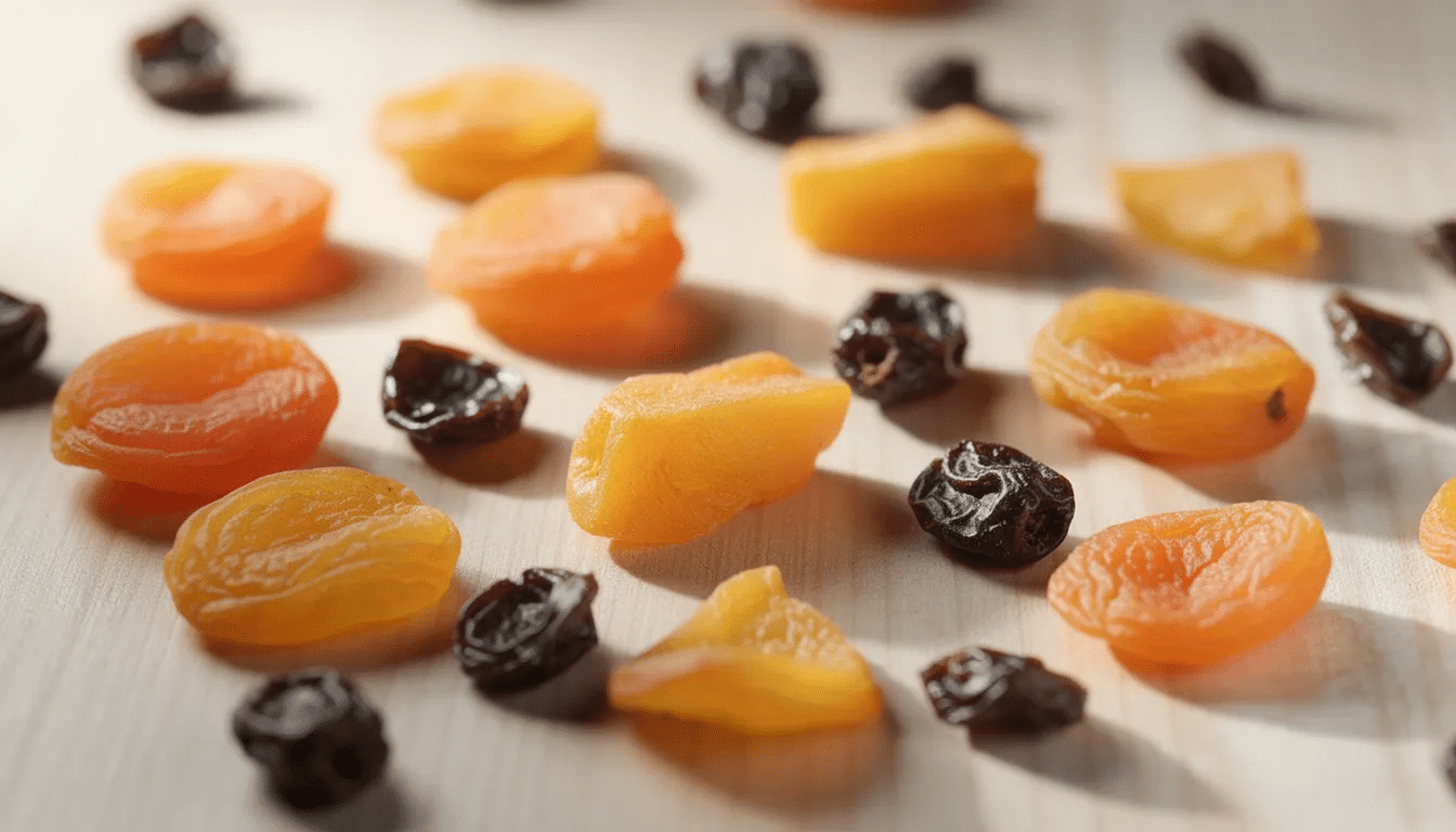 A close-up view of a colorful dried fruit medley featuring orange apricots, golden mango chunks, and dark raisins, all artfully scattered on a light wooden surface, showcasing a nutritious snack option rich in flavor and sweetness. This vibrant assortment is perfect for satisfying a sweet tooth or adding a tasty touch to salads and baked goods.