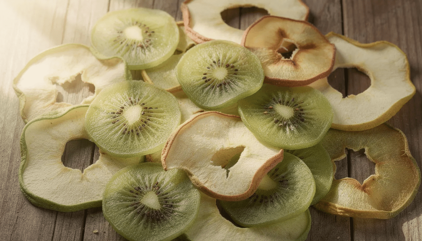 The image features an assortment of colorful crispy dried fruit slices, including vibrant kiwi and green apple, beautifully arranged on a rustic wooden surface. This gluten-free snack showcases the natural beauty of freeze-dried fruit, making it an appealing option for healthy moments.
