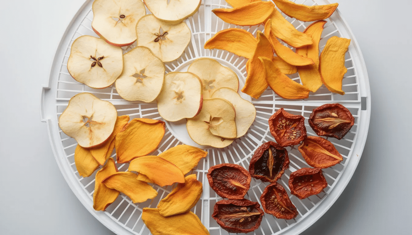 A colorful assortment of dried apple slices, mango pieces, and tomato chips is beautifully arranged on white food grade transparent trays, showcasing the tasty dehydrated foods that can be created using a food dehydrator. This vibrant display highlights the variety of fruits and vegetables preserved by efficiently removing moisture while maintaining their quality.