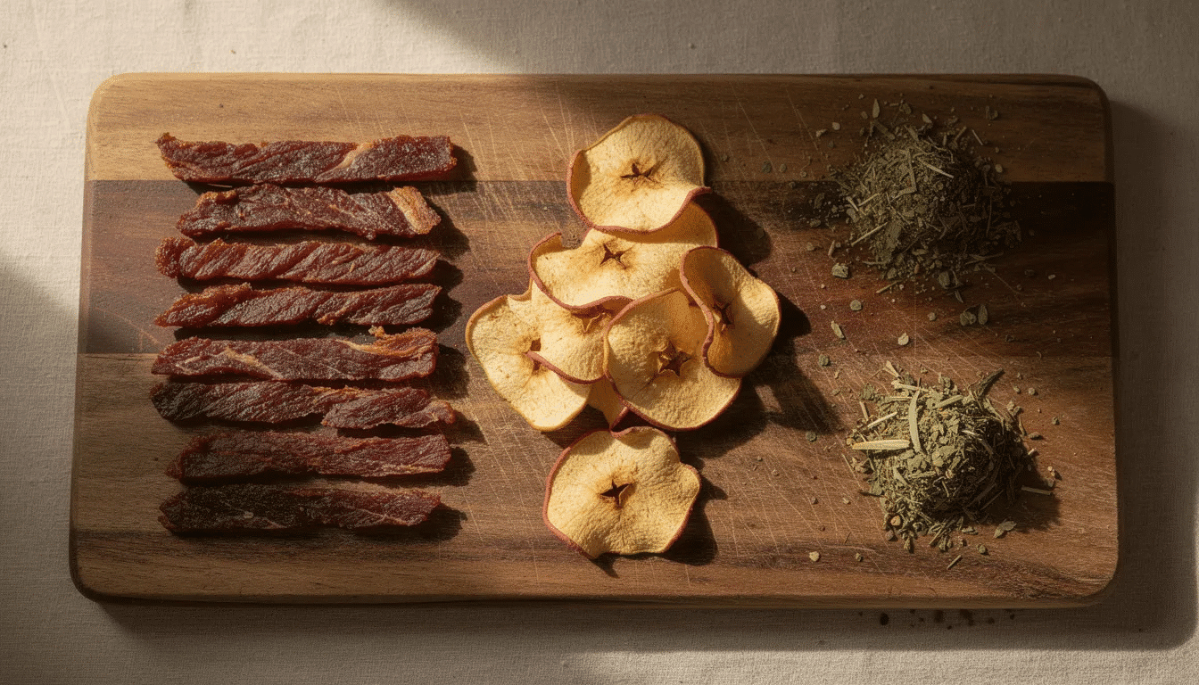 The image features a wooden cutting board displaying a variety of dried foods, including strips of beef jerky, crunchy apple chips, and an assortment of dried herbs, showcasing the results of effective food preservation methods using a food dehydrator. This colorful arrangement highlights the versatility of dehydrated food as wholesome snacks for long-term storage.