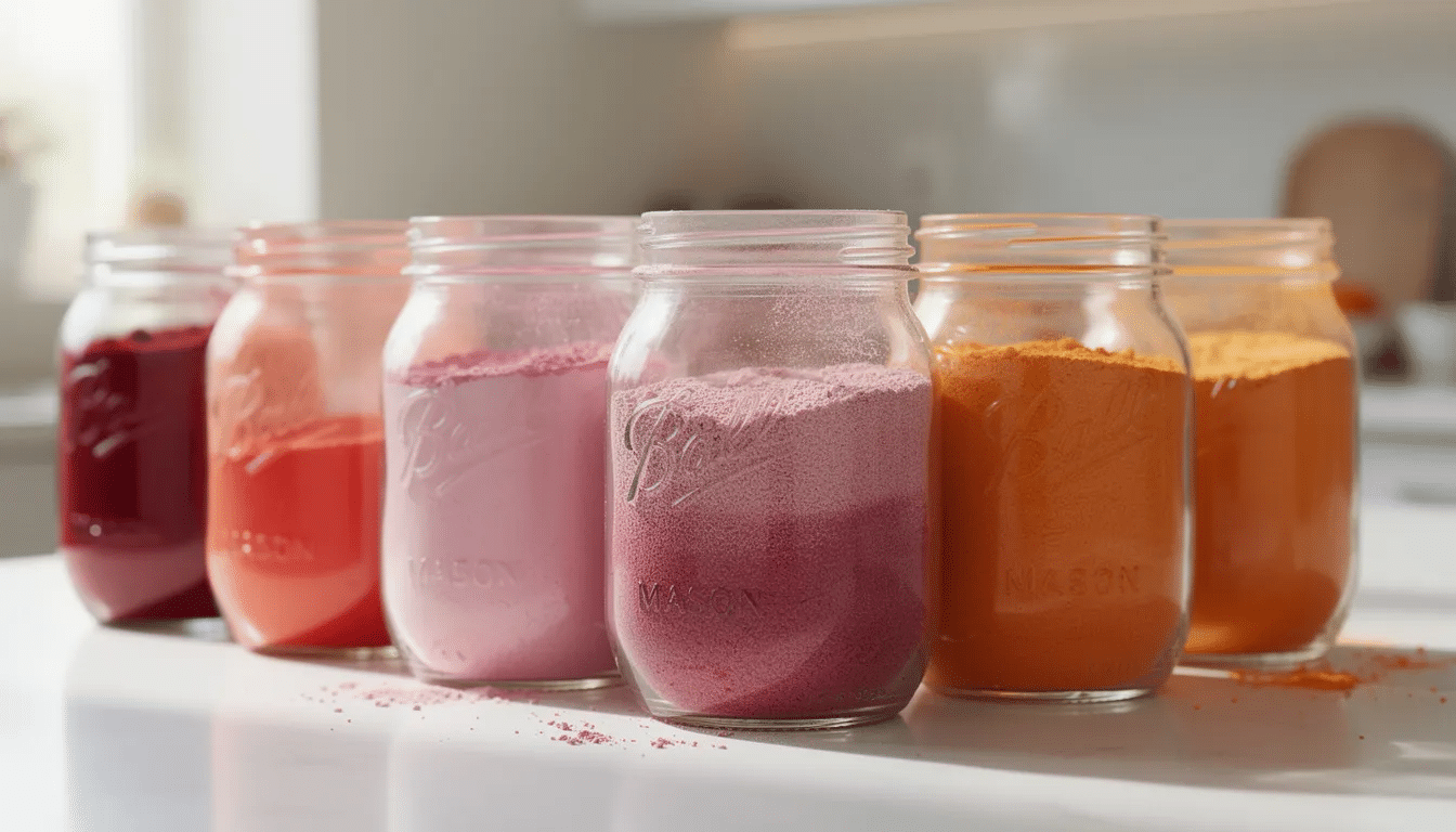 The image features several glass mason jars filled with vibrant fruit powders in shades of red, pink, and orange, showcasing the colorful results of the dehydrating process of fresh fruit. These nutritious powders, ideal for enhancing recipes like smoothies and morning oatmeal, highlight the versatility of dehydrated fruit and vegetable powders.