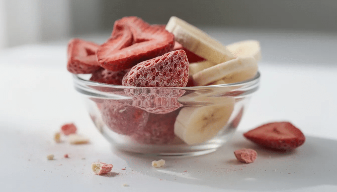 The image displays freeze dried strawberries and banana slices in a clear glass bowl, showcasing their porous and lightweight texture, indicative of the freeze drying process. This freeze dried fruit is a shelf-stable option for long term food storage, maintaining its nutritional value and original flavor for years.