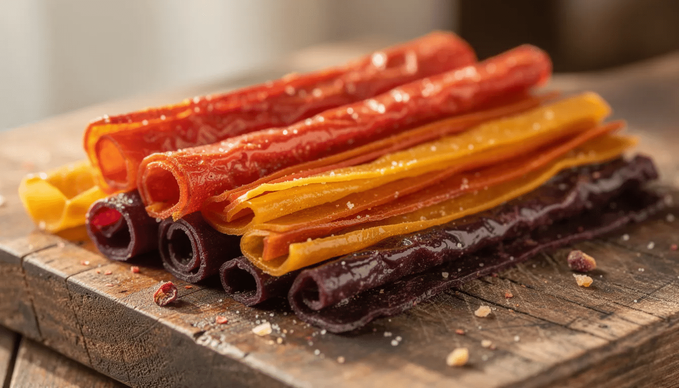 A close-up view of vibrant, colorful dried fruit leather strips is displayed on a rustic wooden cutting board, showcasing a variety of flavors made from organic fruit. These nutritious snacks are a perfect addition to lunch boxes or a healthy pantry staple, offering a delicious, gluten-free option for both kids and adults.