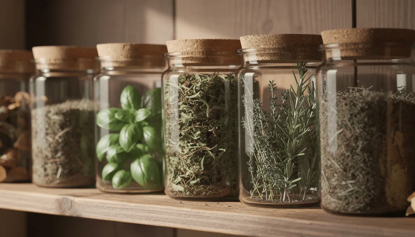 The image features glass jars filled with dried herbs such as basil, thyme, and rosemary, neatly arranged on a wooden shelf. These dry herbs are perfect for enhancing the flavor of various recipes and can be stored in airtight containers for long-lasting freshness.