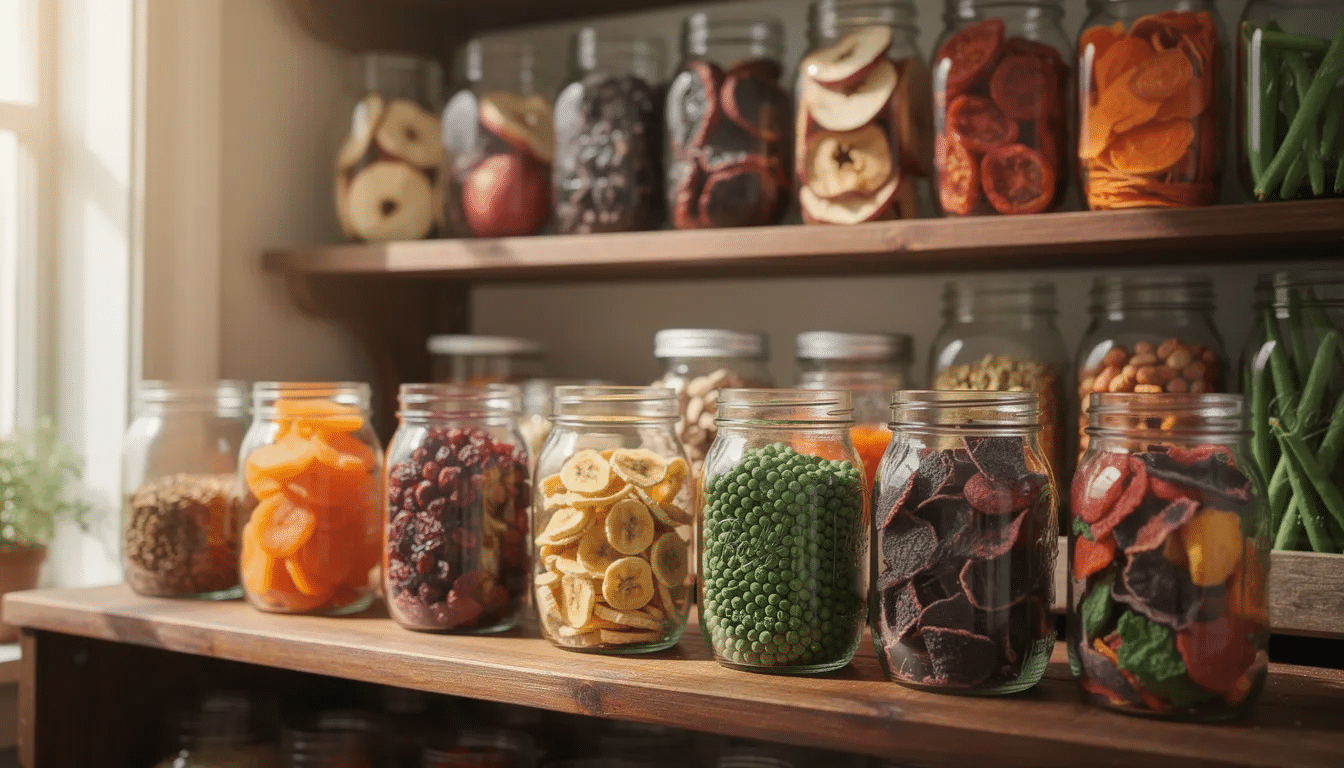 A collection of glass mason jars filled with colorful dried fruits and vegetables is neatly arranged on wooden shelving in a pantry, showcasing a variety of dehydrated foods ideal for long-term storage and healthy snacking. The vibrant colors of the dried produce highlight the effectiveness of food dehydrators in preserving different foods.