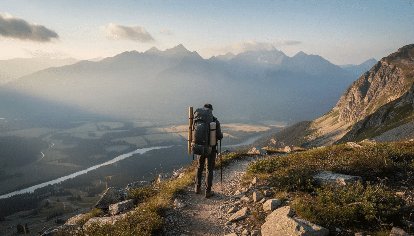A hiker stands on a mountain trail, gazing at a stunning valley below, with a backpack equipped for a long backpacking trip. The scene captures the spirit of adventure and the preparation for enjoying delicious trail meals, such as dehydrated meals or homemade backpacking recipes, amidst the breathtaking natural landscape.