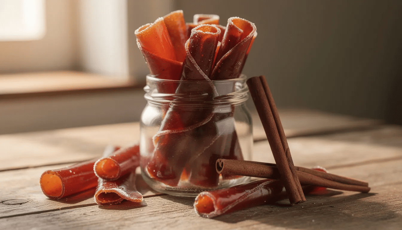 The image features rolled strips of homemade apple fruit leather neatly arranged in a clear glass jar, with a few cinnamon sticks placed nearby, suggesting a warm and flavorful treat. The vibrant color of the fruit leather contrasts with the rustic texture of the cinnamon, evoking a sense of deliciousness and natural ingredients.