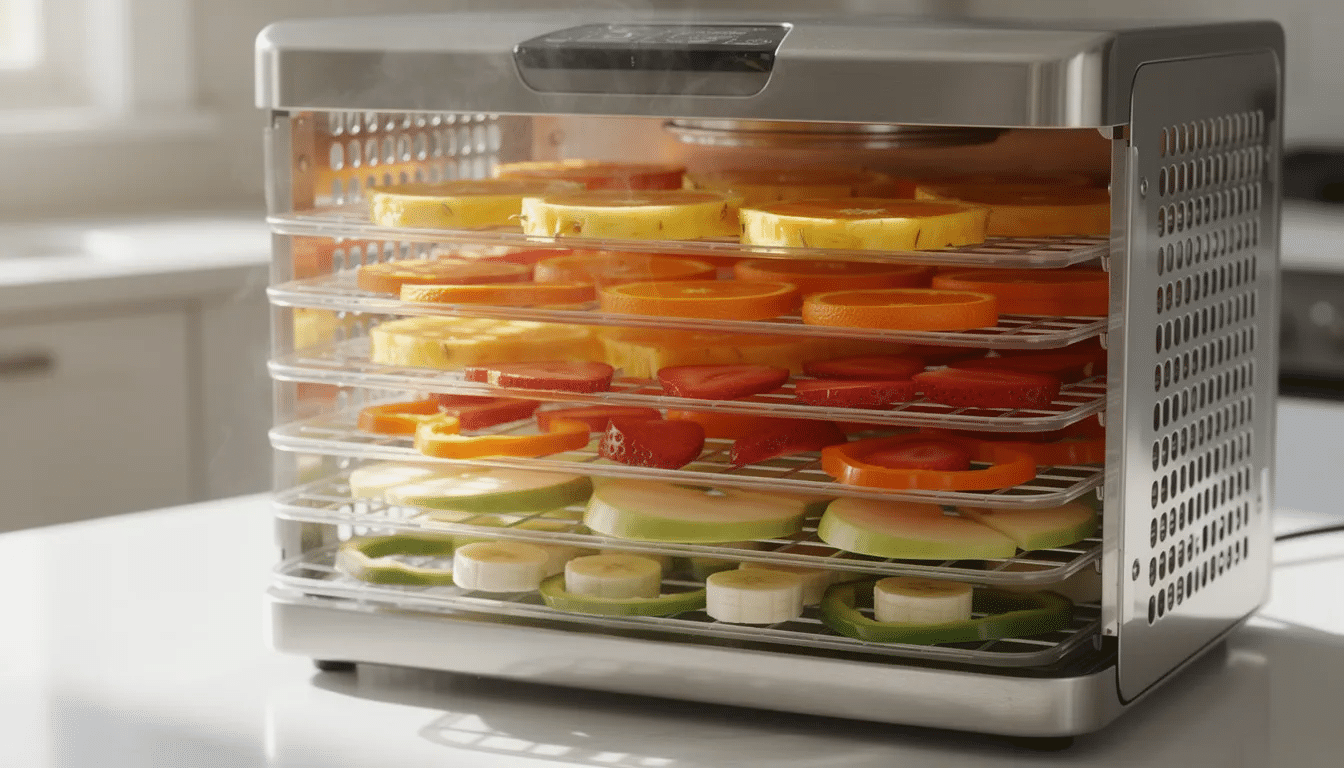 A close-up view of a food dehydrator featuring multiple trays filled with an assortment of sliced fruits and vegetables, including apples, tomatoes, and carrots, showcasing the food dehydration process. This image highlights the vibrant colors and textures of the raw ingredients, emphasizing the nutritional value and flavor that can be preserved through dehydrating.