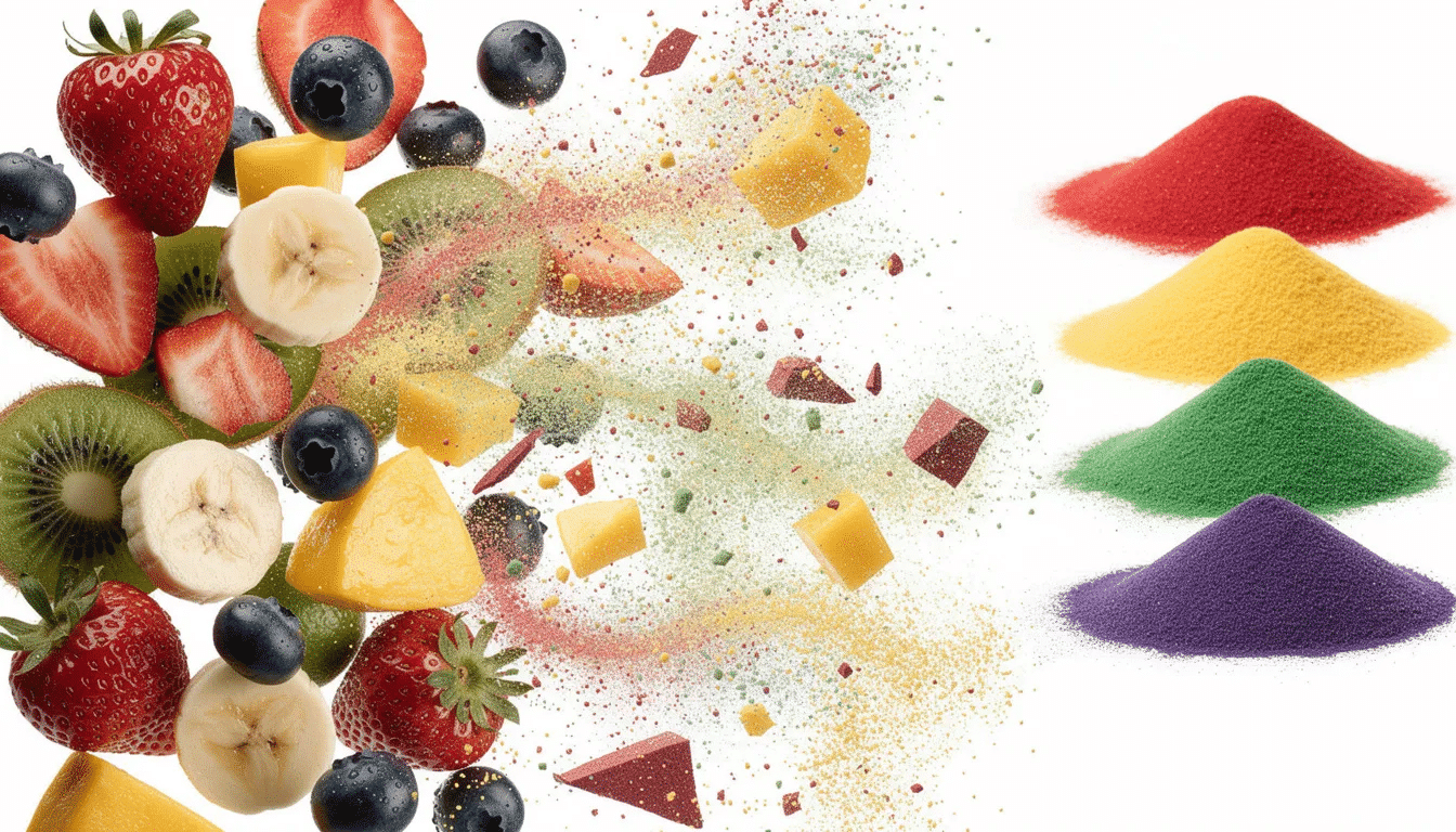 The image depicts a variety of fresh fruits and vegetables being processed into fine powders using a high-powered blender and a food dehydrator. The scene illustrates the process of making nutritious fruit powders and vegetable powders, showcasing the vibrant colors and textures of the dehydrated ingredients ready for storage in airtight containers.