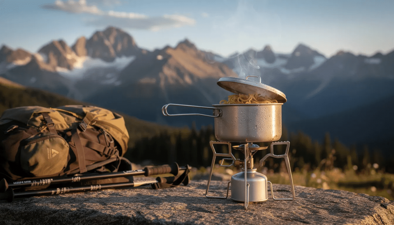 A steaming pot of pasta is cooking on a backpacking stove, set against a stunning mountain backdrop, showcasing the simplicity of trail cooking. This savory dish represents a perfect meal option for a backpacking trip, highlighting the ease of preparing dehydrated meals and enjoying hot food in the great outdoors.