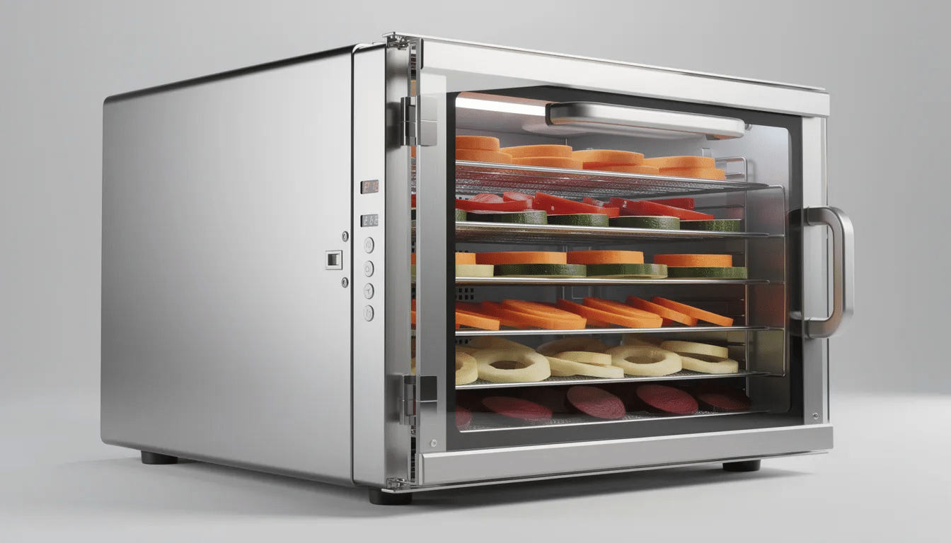 The image shows a side view of a stainless steel food dehydrator with a clear glass door, revealing multiple stainless steel trays filled with sliced vegetables, ready for the drying process. This machine is ideal for preserving food, allowing users to create healthy snacks like dried vegetables and fruit leather with adjustable temperature settings.