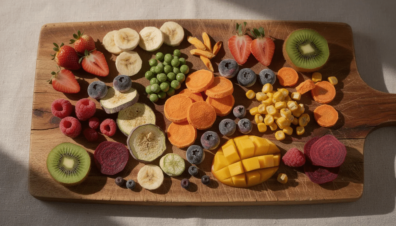 The image features a variety of colorful freeze dried fruits and vegetables, including dried green beans and dried broccoli, artfully arranged on a rustic wooden cutting board. This vibrant display showcases nutritious freeze dried foods that are perfect for long shelf life storage in your pantry, ready to add water and enjoy in delicious meals.