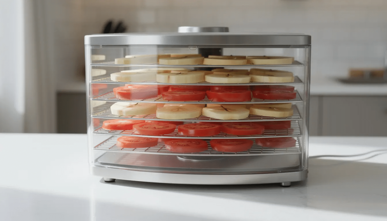 An electric food dehydrator is filled with trays of neatly arranged sliced apples and tomatoes, showcasing the process of dehydrating fruits and vegetables for food preservation. This method helps to store food longer by removing moisture, enhancing shelf life while retaining nutrients.