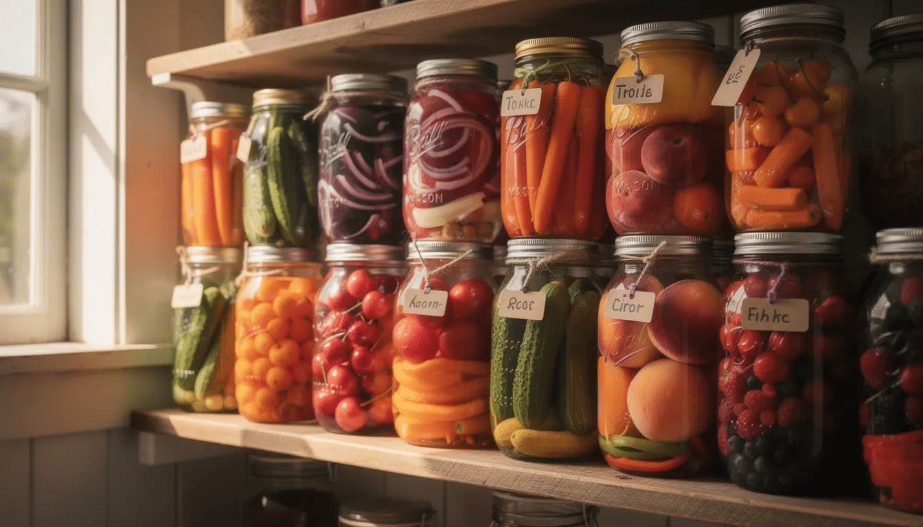 The image depicts glass mason jars filled with a vibrant assortment of preserved vegetables and fruits, neatly arranged on wooden pantry shelves, showcasing various food preservation methods like canning and dehydration. This colorful display highlights the importance of storing food properly to extend shelf life and maintain nutrients.