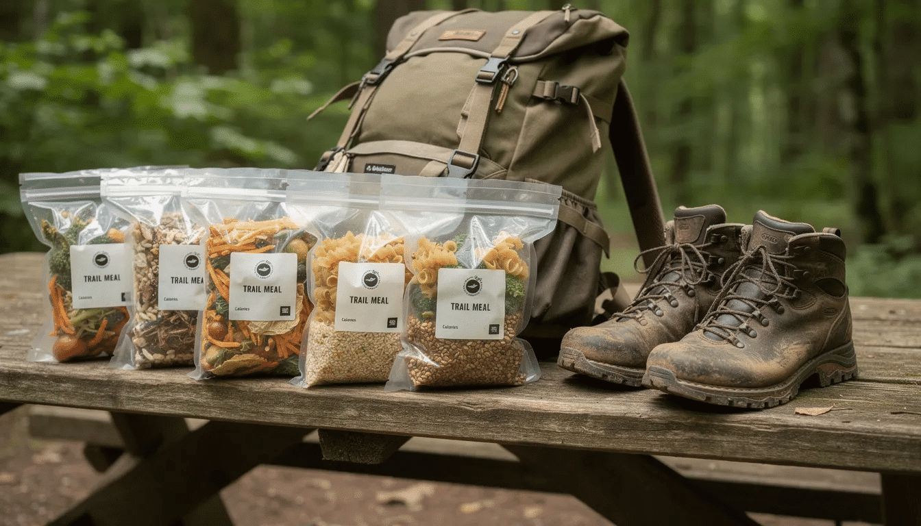 The image features lightweight dried camping meals packaged in clear bags, positioned next to a backpack and a pair of hiking boots, showcasing a variety of dehydrated foods like fruit leather, banana chips, and venison jerky, ideal for outdoor adventures. These meals highlight the benefits of using a food dehydrator for preserving fruits, vegetables, and meats, making them convenient and cost-effective snacks for hikers.